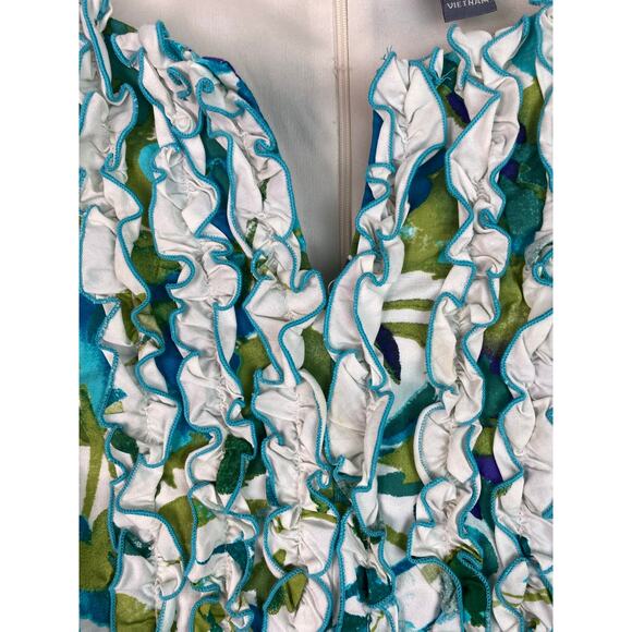 Rabbit Rabbit Rabbit Designs Women's 16 White Blue Floral Ruffle Sheath Dress - Picture 4 of 8